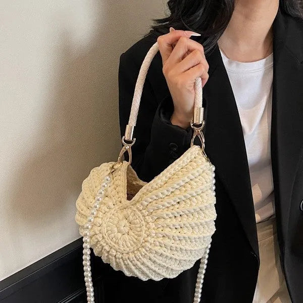 Handmade woven bag women's finished product shell shape cloth double shoulder straps milky white
