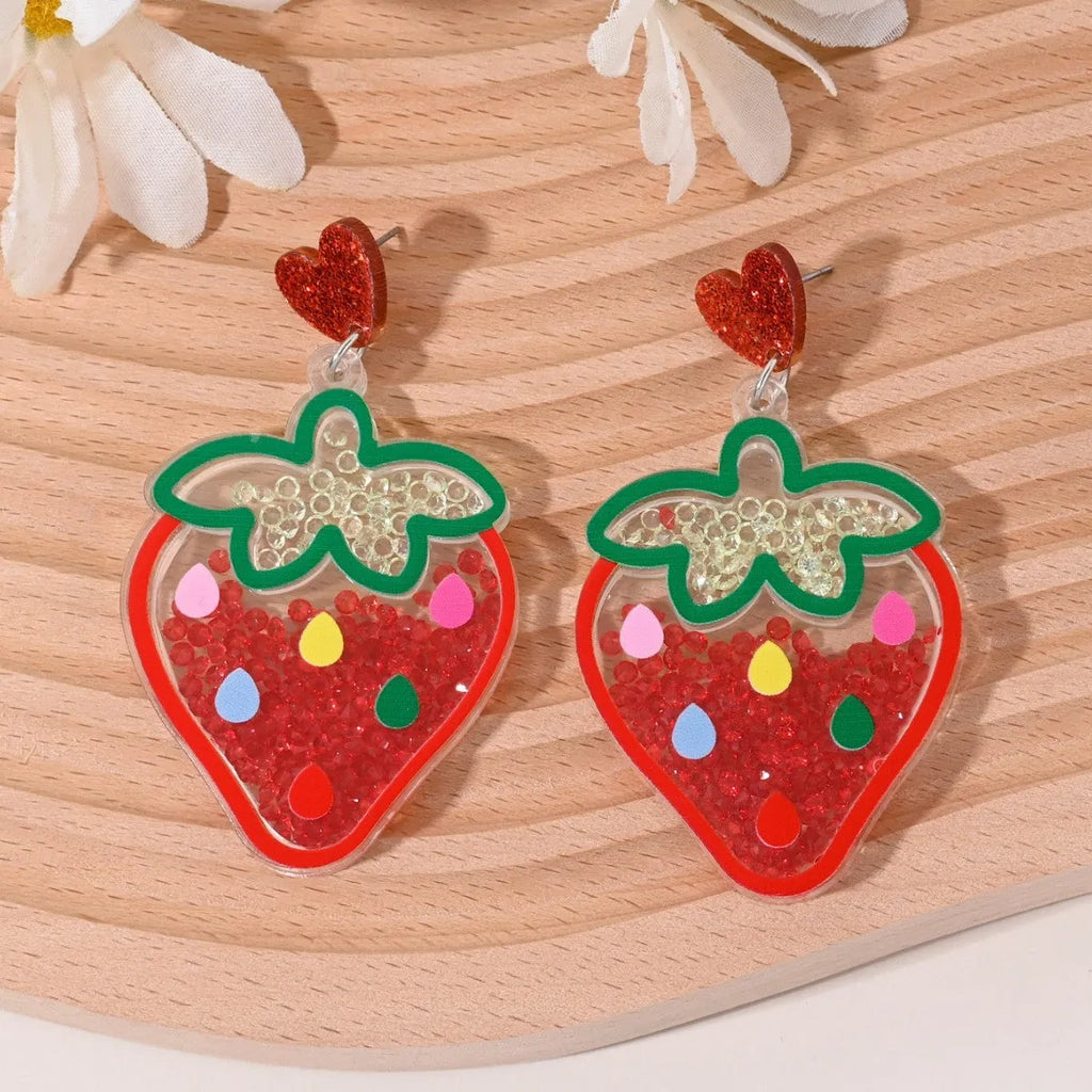 Acrylic drop earrings with fruit and dessert motifs including cherry, strawberry, watermelon, pineapple, coconut, cake, and ice cream, in pastoral style for women