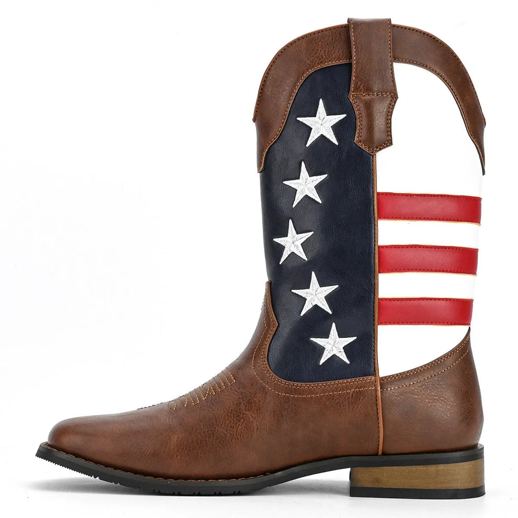 Men's Five-pointed Star Western cowboy boots with square heel, round toe, floral detail, artificial leather upper, black colour