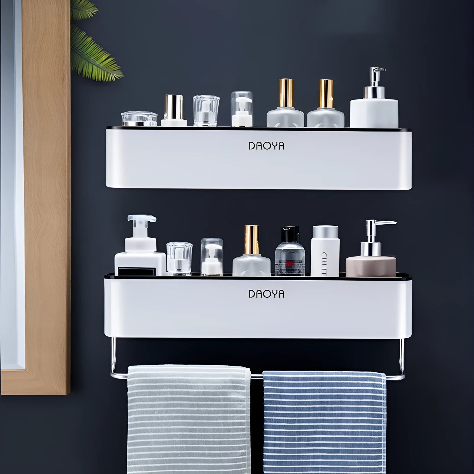 Polished plastic wall-mounted bathroom shelf for shampoo and cosmetics, hole-free installation, black colour option