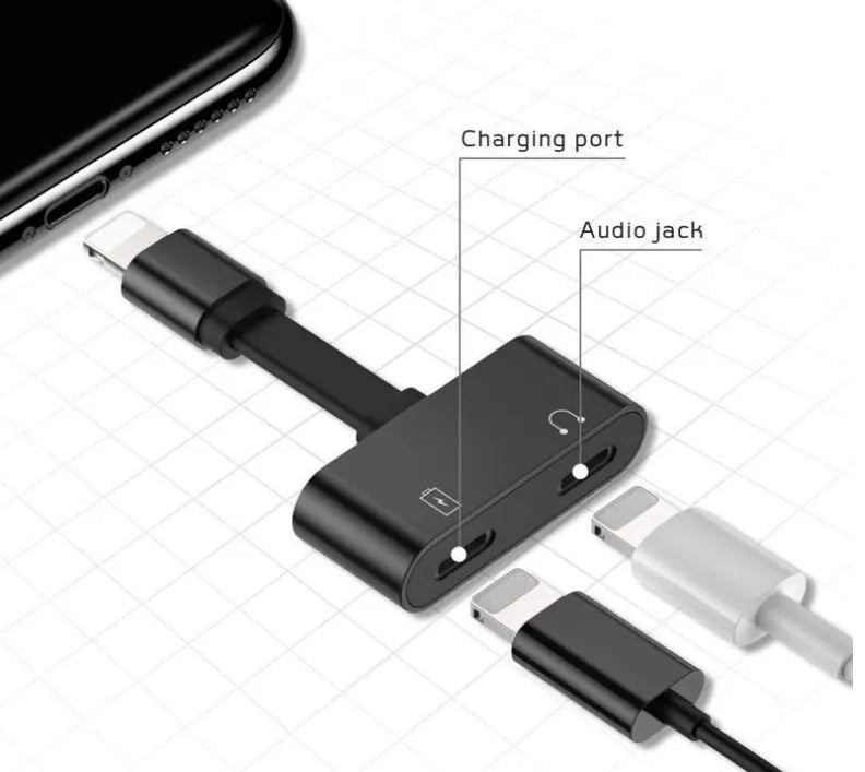 2 in 1 Lightning adapter for iPhone, black, aluminium alloy shell, compact 20mm size