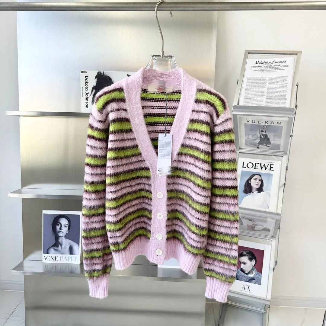 Pink wool knitted cardigan sweater with socialite styling and contrast colour details