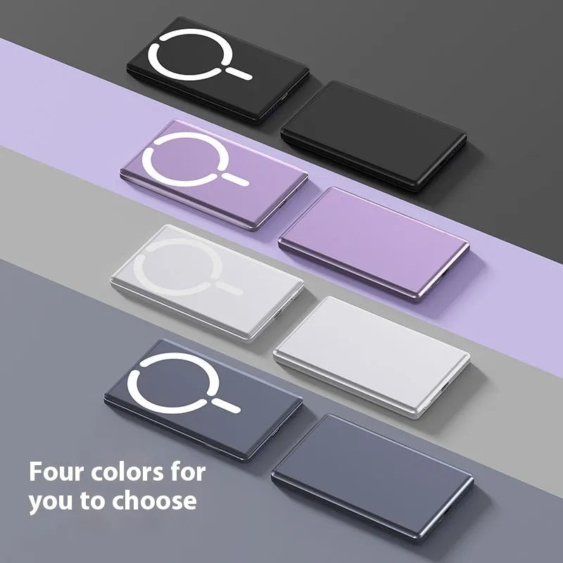 Ultra-thin 9mm magnetic power bank in black alloy shell showing compact size
