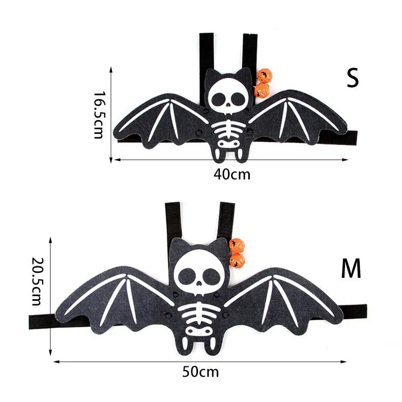 Halloween felt batwing costume for cats in pumpkin, white ghost, or red bat designs with bell option