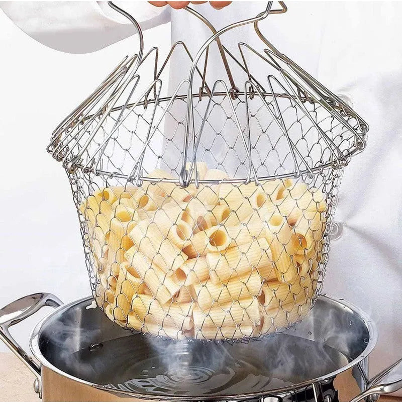 Stainless steel foldable deep fry basket 23cm with grid and handle for home kitchen use