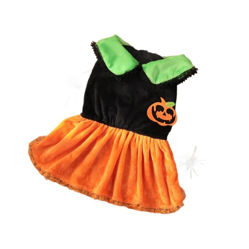 Halloween pumpkin skirt pet costume in crystal velvet for small dogs and cats