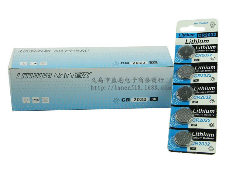 Five CR2032 3V lithium button batteries on a blister card for electronic scales and remotes