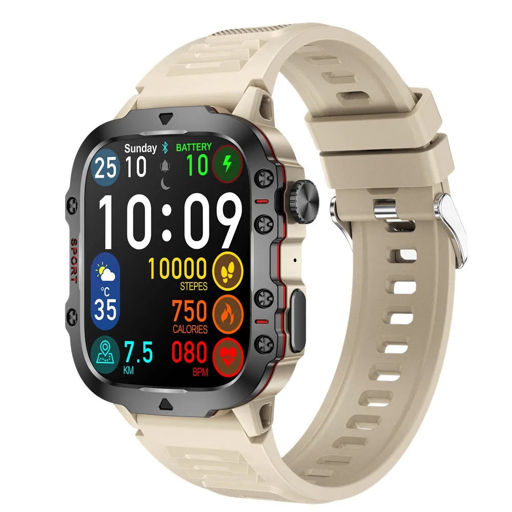 QX11 smartwatch in black or khaki with zinc alloy case, showing TFT screen displaying health data.
