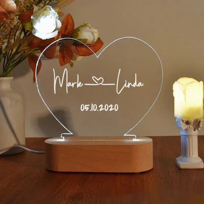 Custom names and date LED night light on transparent 20cm acrylic panel with USB power