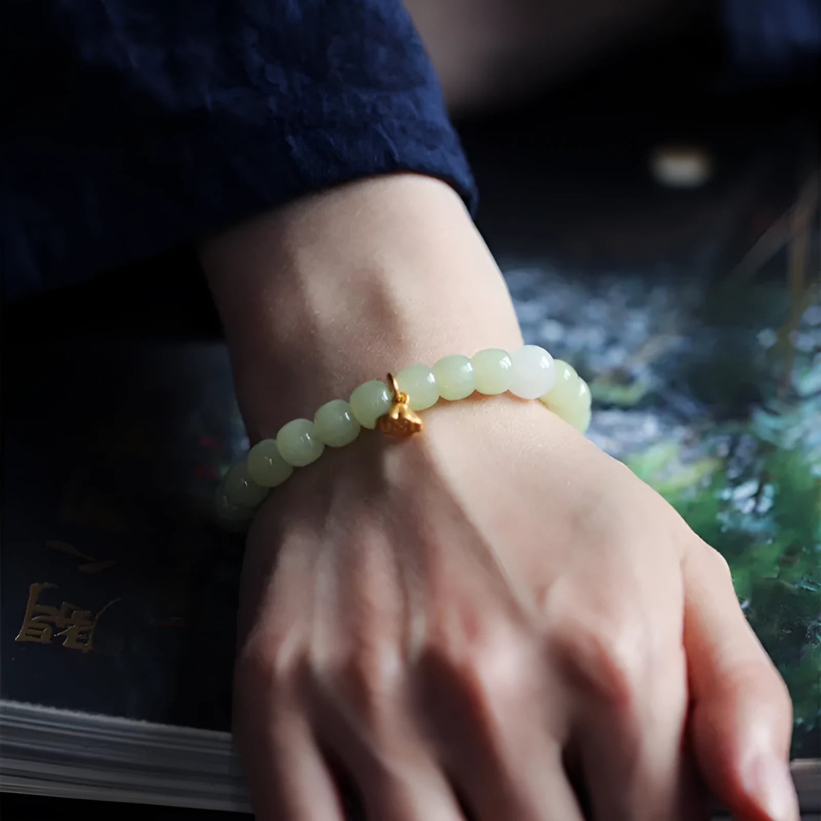 Green Hetian jade bracelet with vintage beads, ethnic style, natural stone jewellery for women