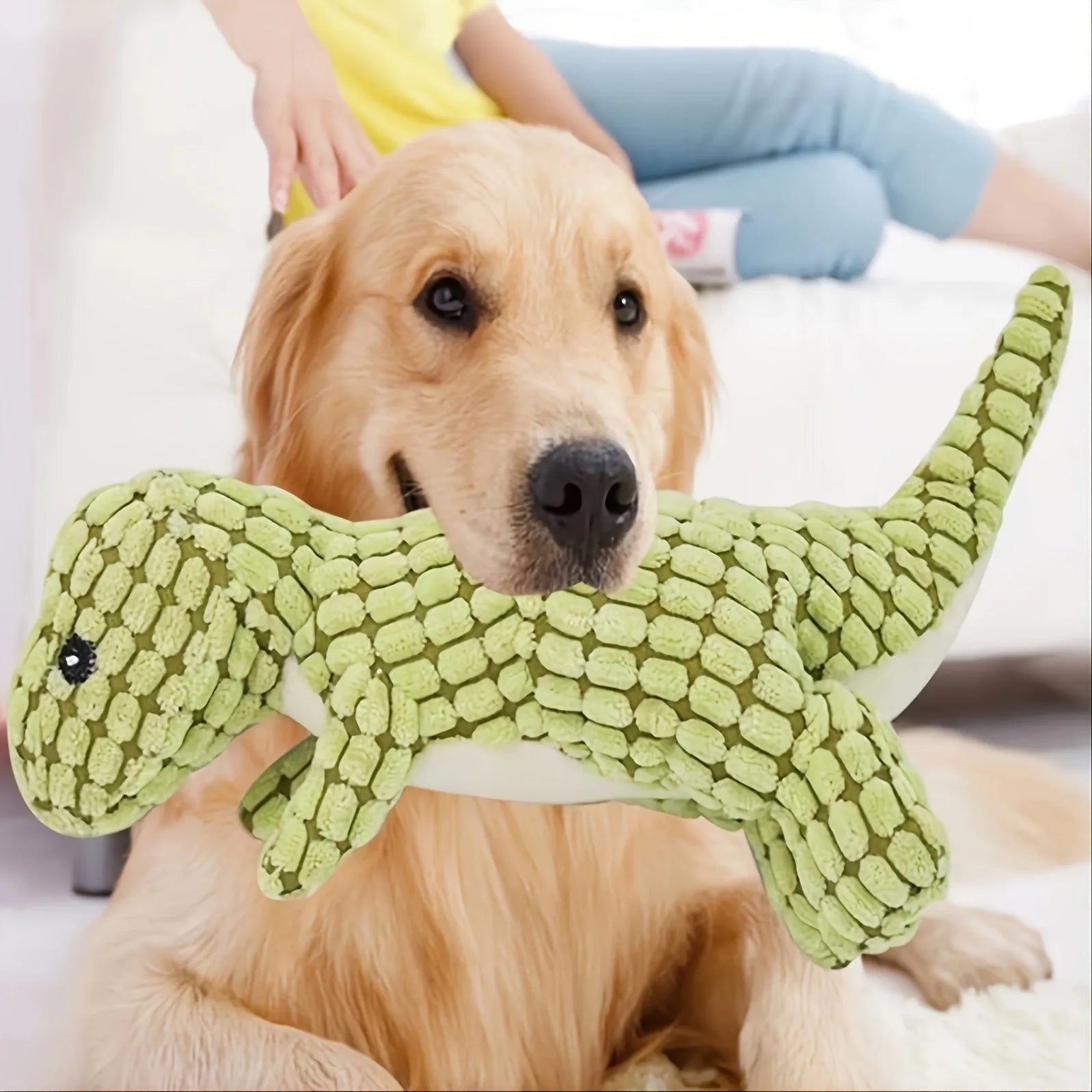 Grey green orange sound-emitting dog chew toy resistant to biting for puppies and large dogs
