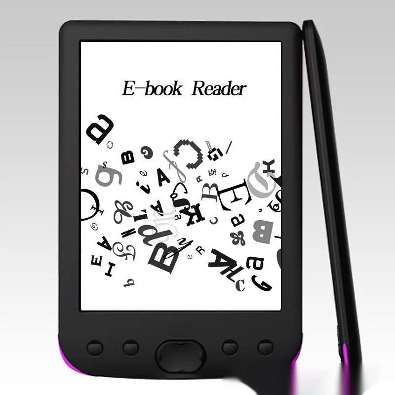 Black 6-inch E-ink e-book reader showing the front screen and body