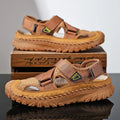 Men's summer casual sandals with hollow mesh surface, genuine leather upper, and elastic band in gray colour