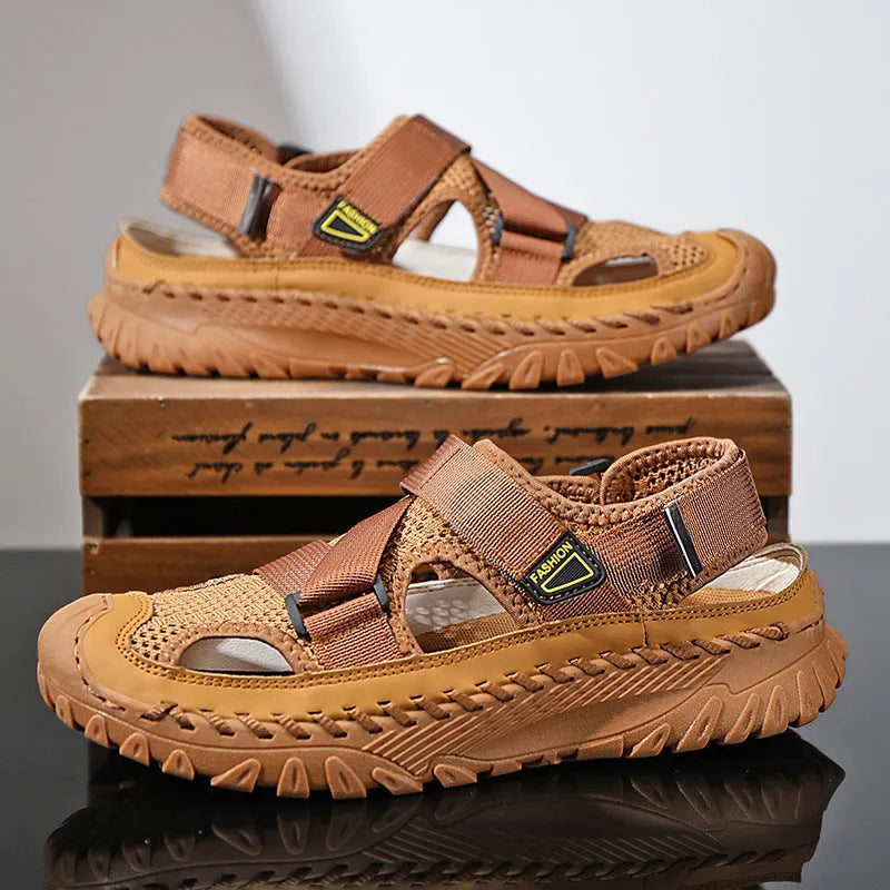 Men's summer casual sandals with hollow mesh surface, genuine leather upper, and elastic band in gray colour