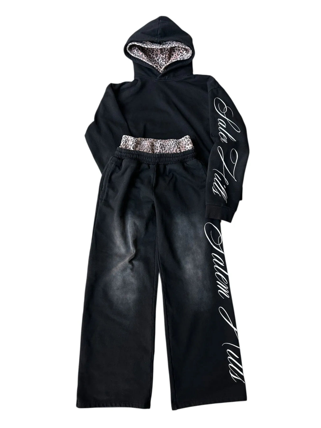 Men's long sleeve pullover hoodie suit with punk print, fleece lining, hood, and matching pants in style 01