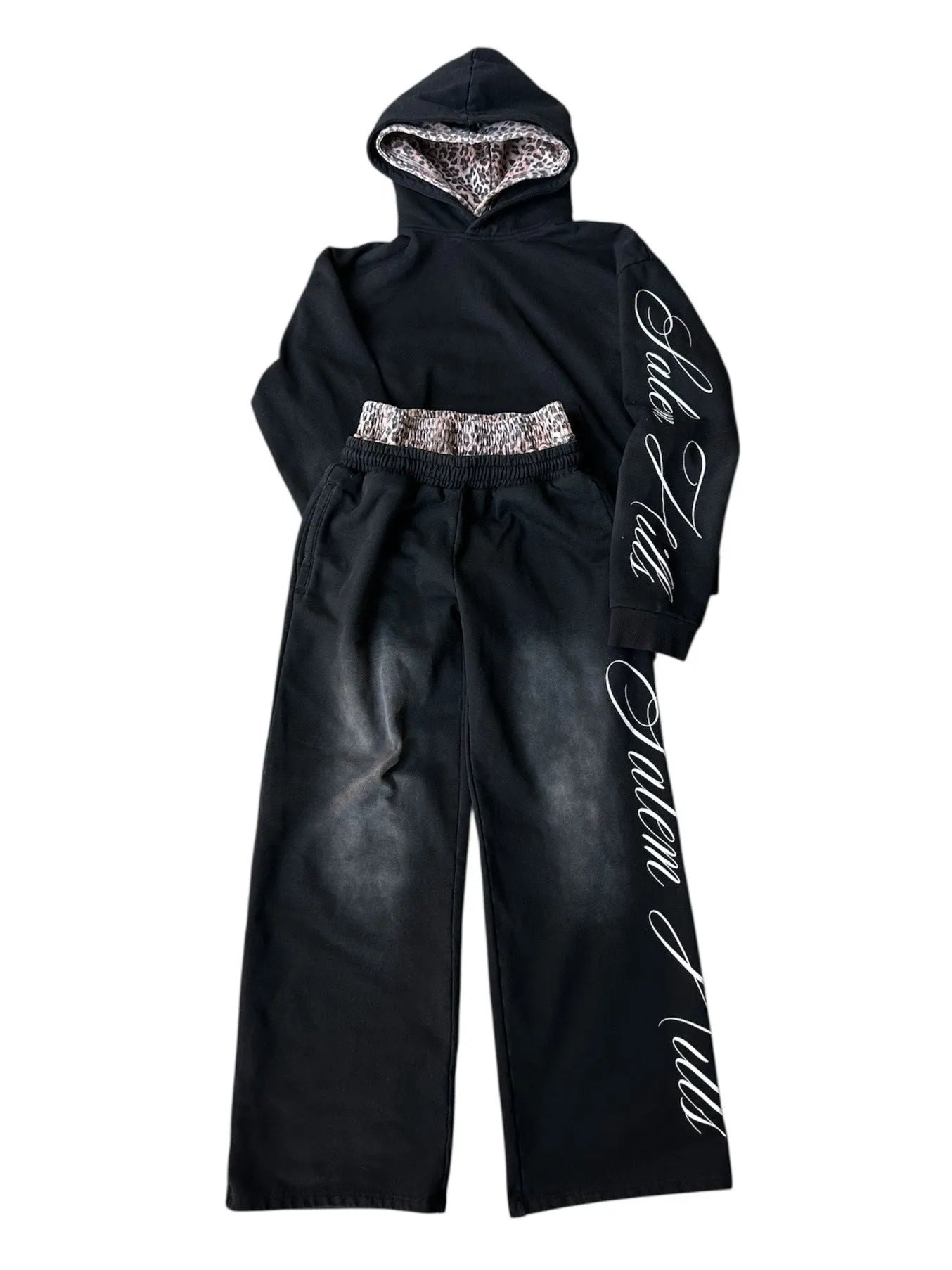 Men's long sleeve pullover hoodie suit with punk print, fleece lining, hood, and matching pants in style 01