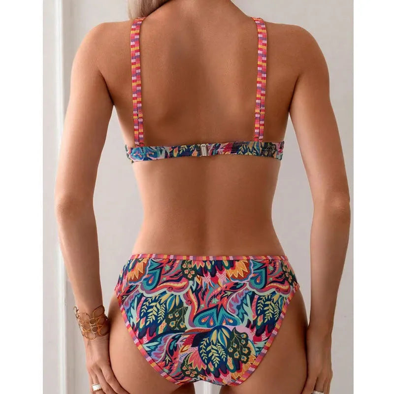 Women's Printed Halter Beach Swimsuit Split Suit Mixed Colour Polyester Two-Piece Set Sleeveless Summer Swimwear XS to XL Asian Sizing
