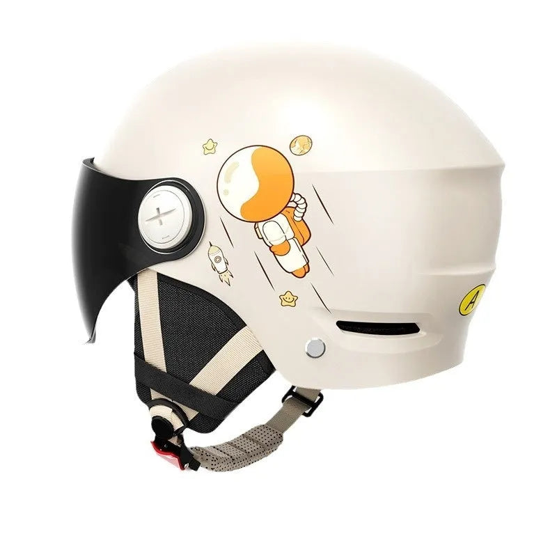 Khaki coloured ABS half helmet for electric motorcycles, shown with removable glasses attached.