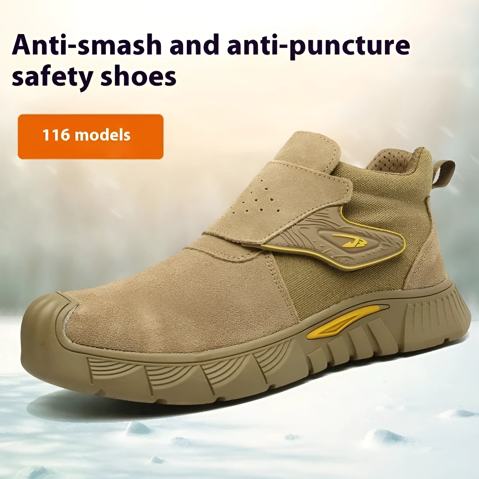Brown leather labour protection safety shoes with rubber sole on work surface