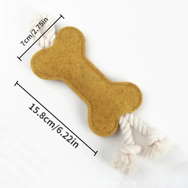 Bone-shaped dog toy with rope knot and felt construction in four colour options
