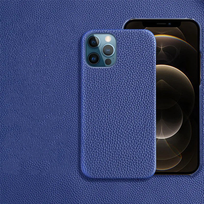 Genuine leather iPhone protective case in beige colour, showing minimalist half-frame design on an iPhone model.