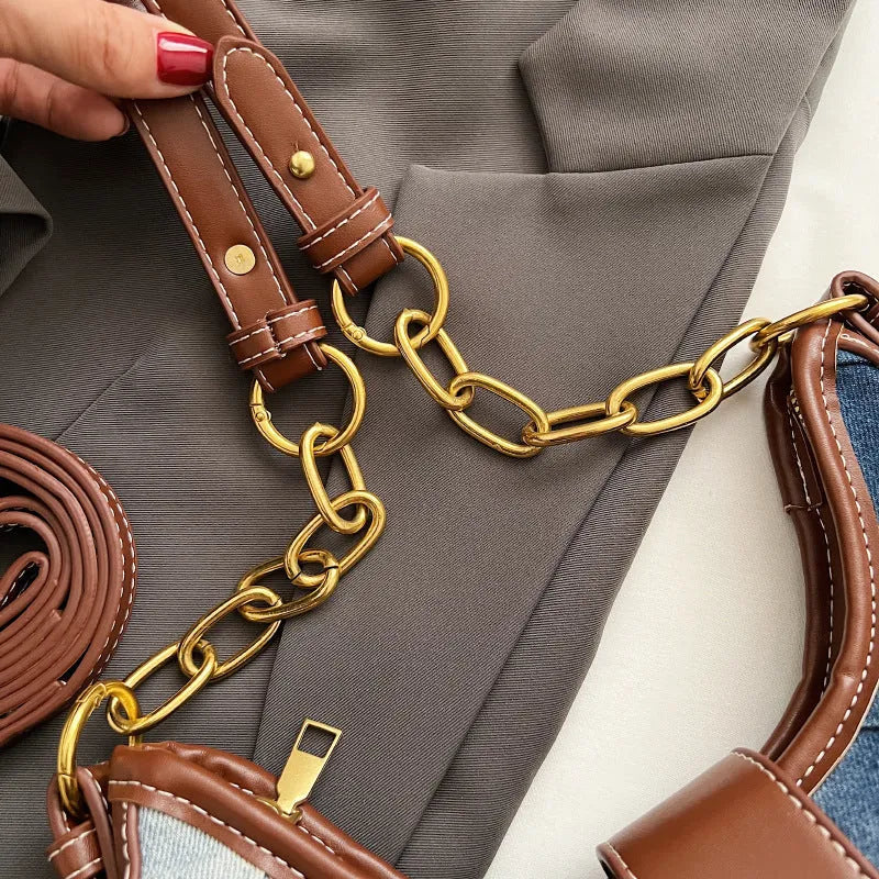 Brown denim women's bucket shoulder bag with chain straps and diamond mesh detailing