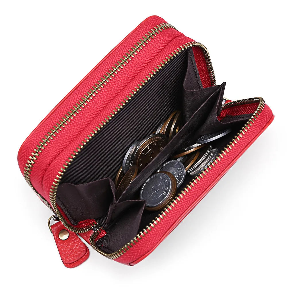Cowhide double layer zipper expanding card holder in red with anti-theft RFID protection and gift box