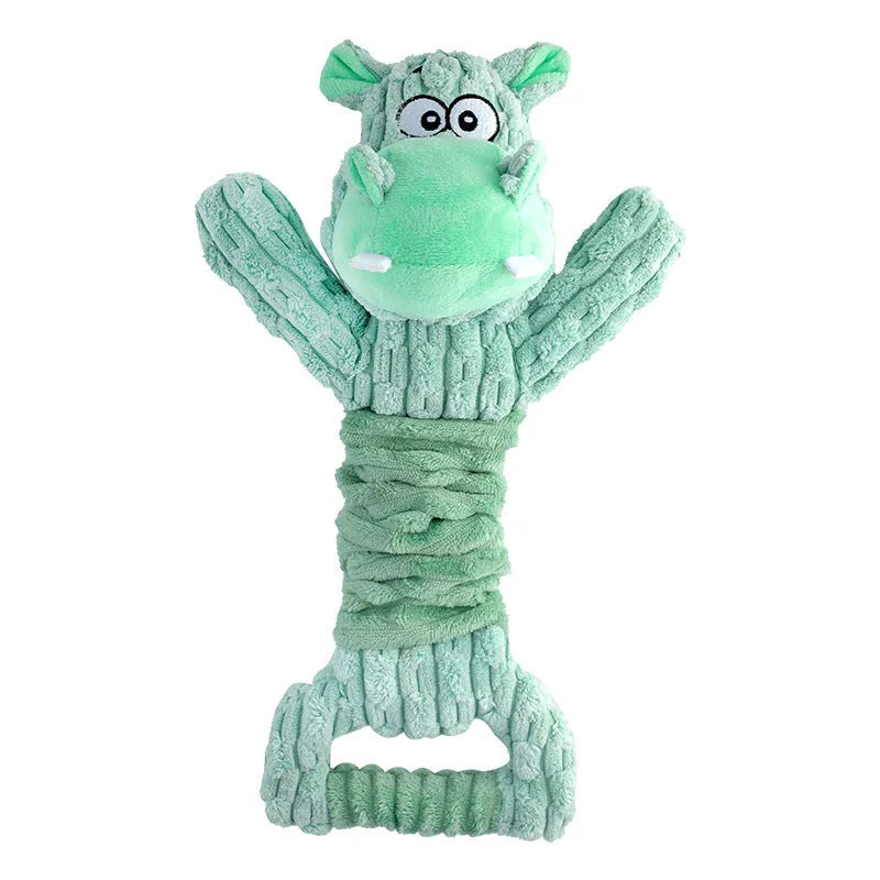 Large plush dog toy in Hippo or Monkey design with a handle for tug-of-war.