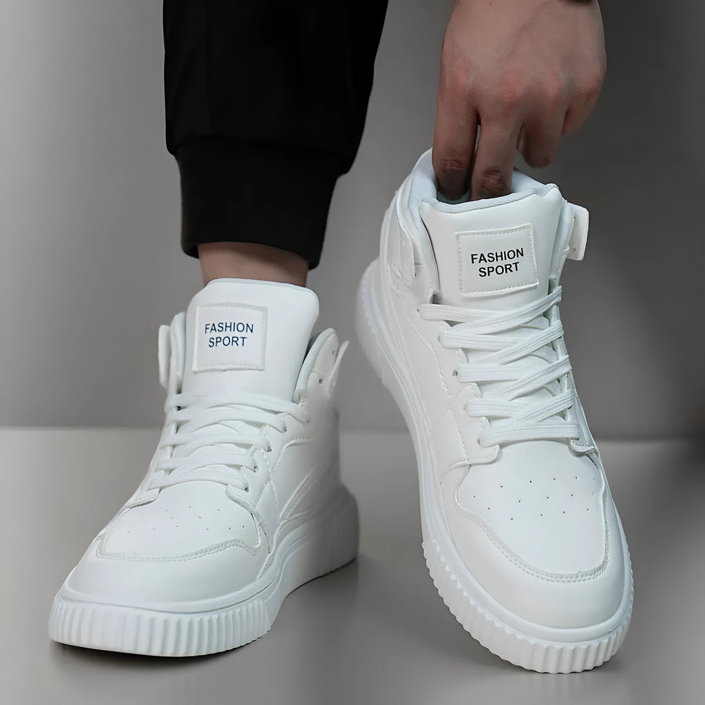 Men's white round toe casual sneakers with a microfiber upper on a grey background.