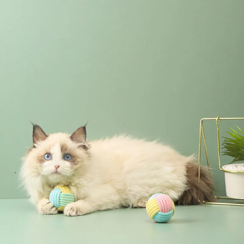 Handmade plush cotton cat toy ball with cat hair interior in blue powder colour