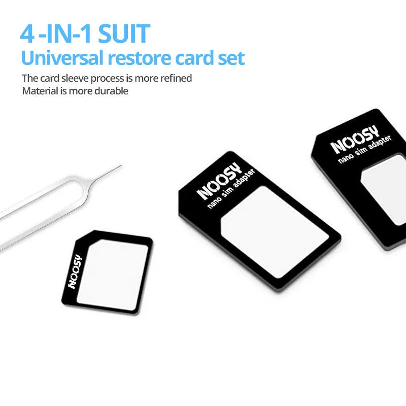 SIM Restore four-in-one adapter set with three SIM cards and metal picking pin in black and white