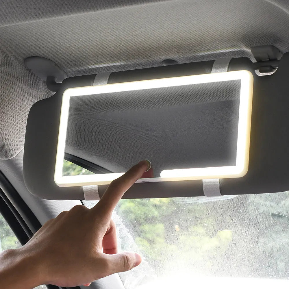 Automotive sun louver makeup mirror with dimmable LED light, 24cm by 11.5cm by 1cm, universal fit for car sun visor