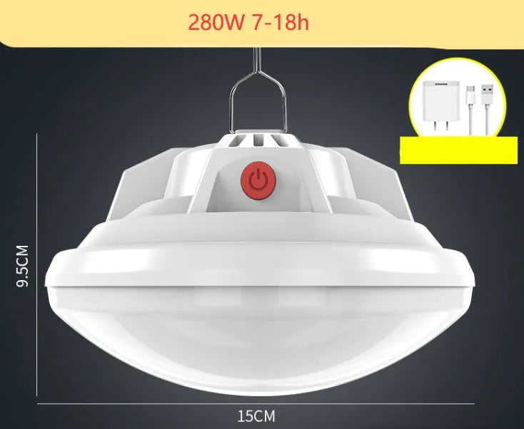 Multifunctional LED camp light with rechargeable 18650 battery, 300 lumens brightness, and 15-40 metre illumination radius.
