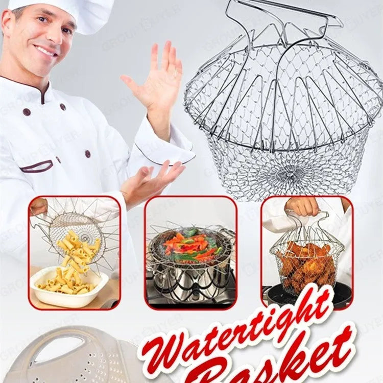 Stainless steel foldable deep fry basket 23cm with grid and handle for home kitchen use