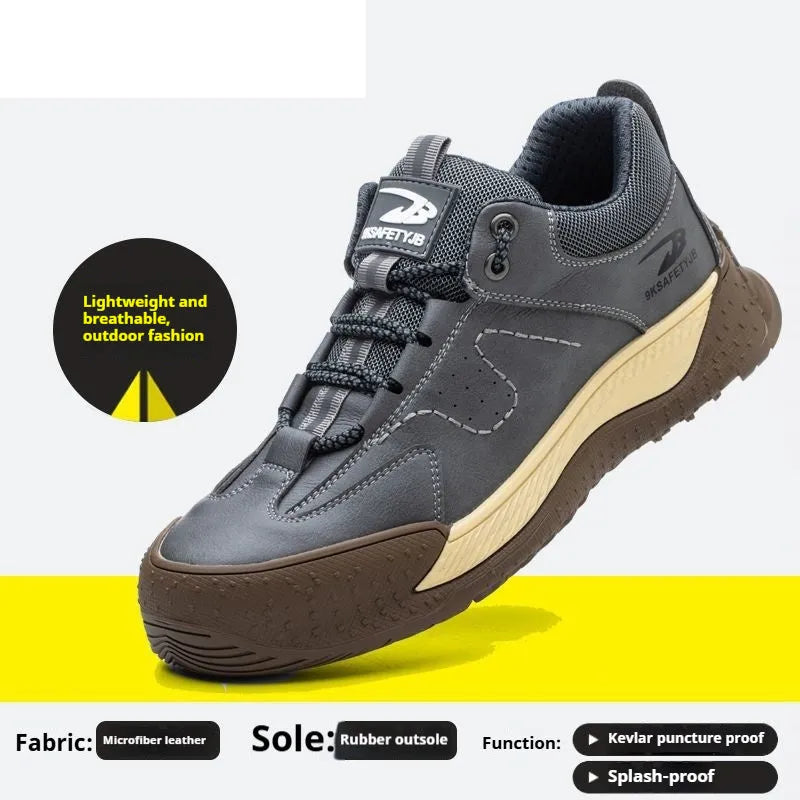 Flyknit work safety shoes in black leather with a rubber sole, shown in a UK size 42.
