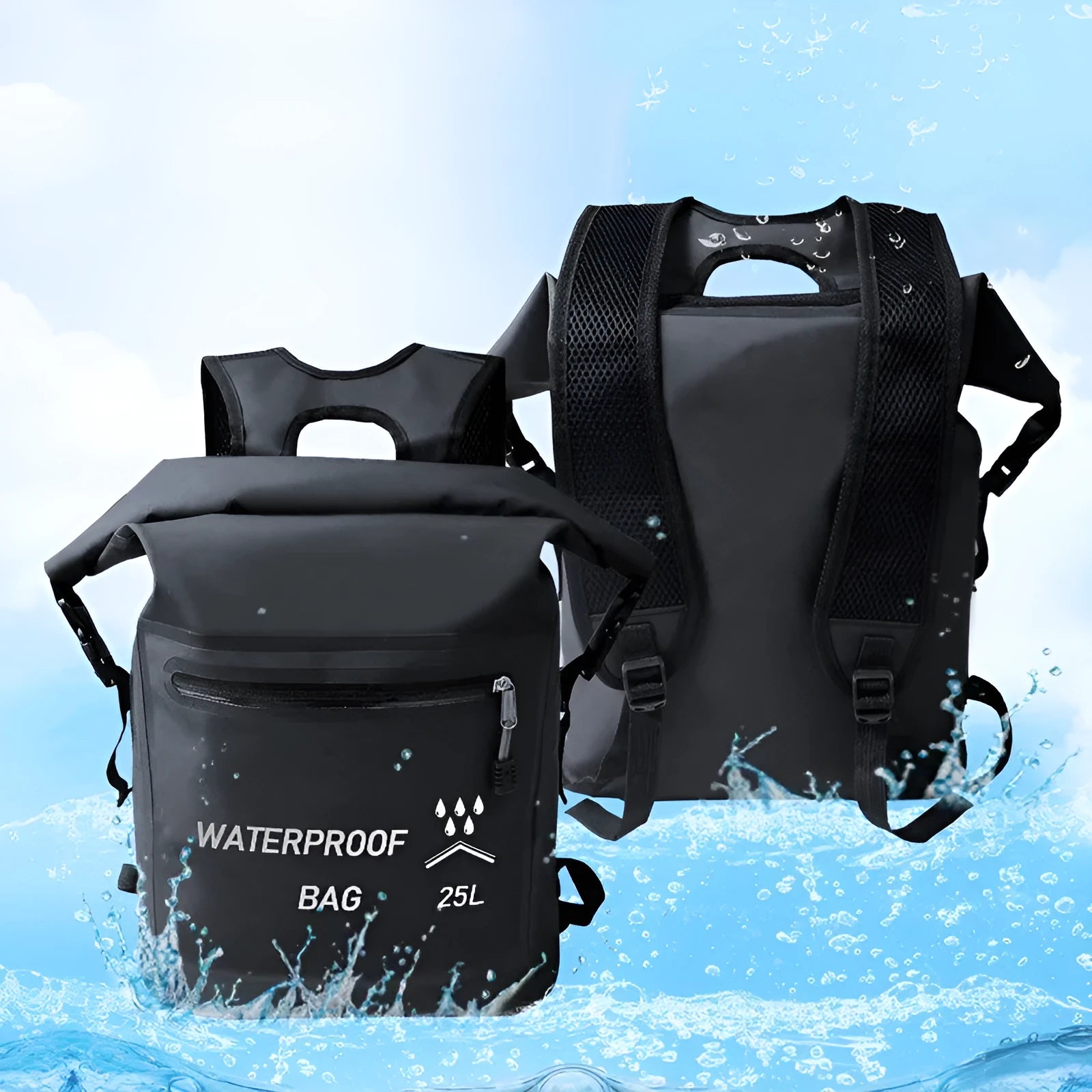 Black outdoor waterproof bag 25L 500D mesh clip for swimming river tracing rafting