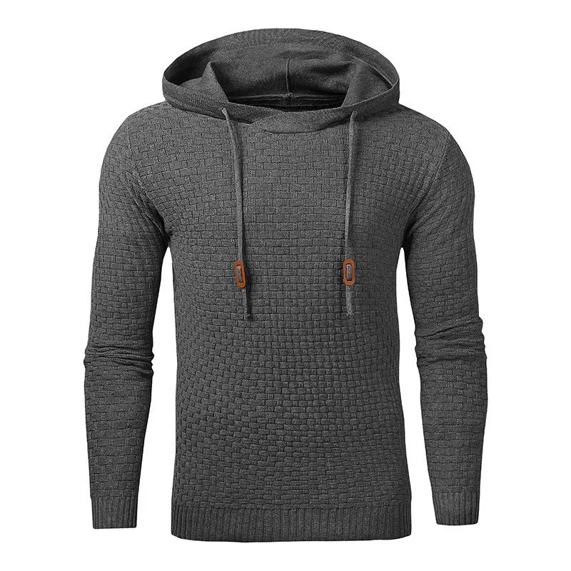 Men's cotton-polyester blend hoodie sweater on a hanger, shown in one of nine available colours.