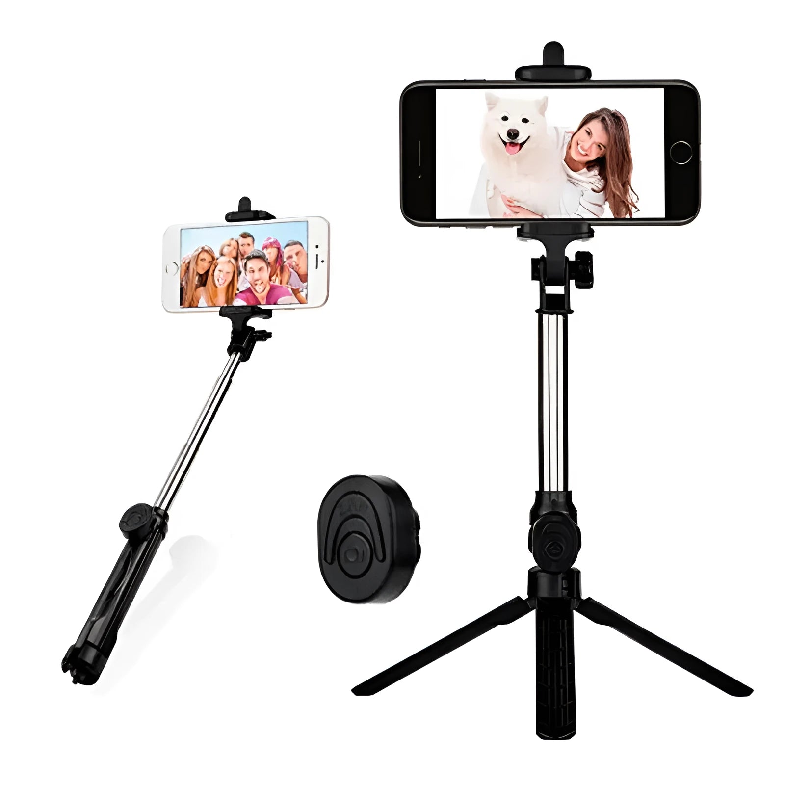 Bluetooth tripod selfie stand with 360° clip and anodised aluminium rod, extended as tripod