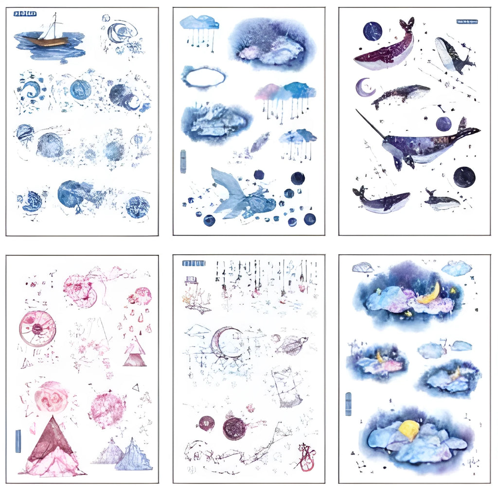 Hand account paper sticker set with fantasy stars design on Japanese paper sheet, 10.5x14.1cm, in paper bag packaging