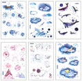 Hand account paper sticker set with fantasy stars design on Japanese paper sheet, 10.5x14.1cm, in paper bag packaging