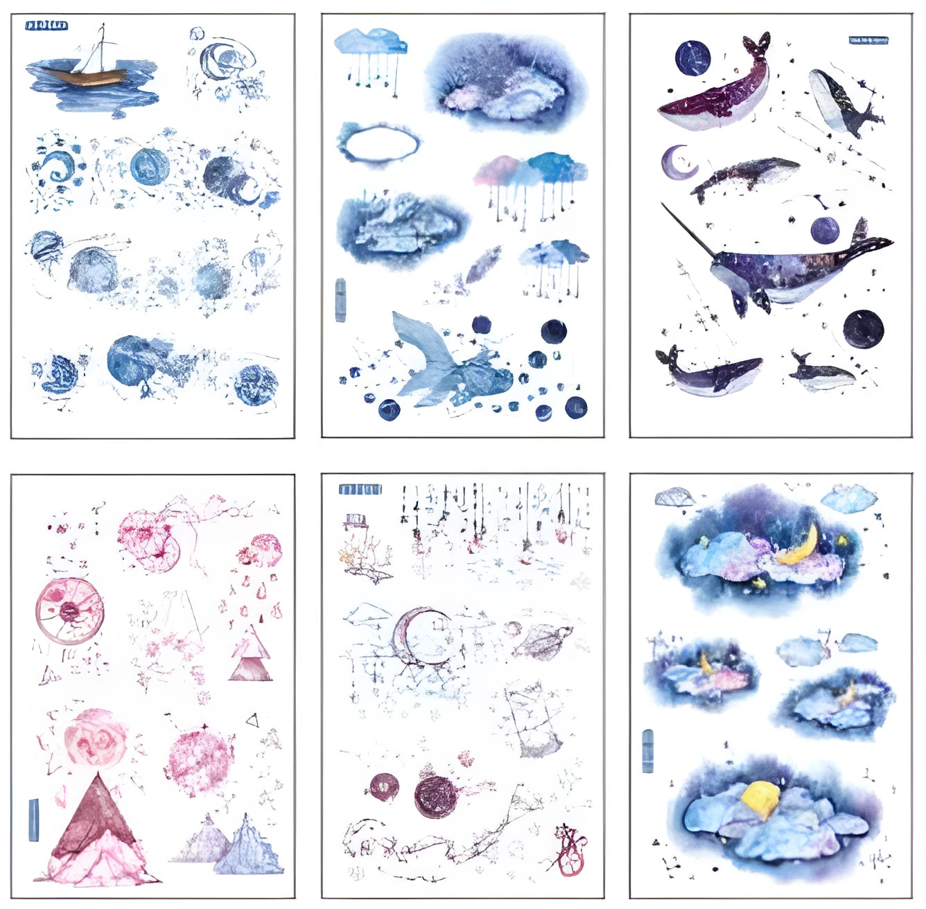 Hand account paper sticker set with fantasy stars design on Japanese paper sheet, 10.5x14.1cm, in paper bag packaging