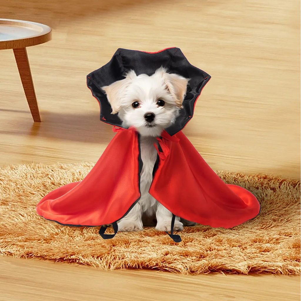 Red polyester Halloween atmosphere cloak for pets, laid flat showing cape design