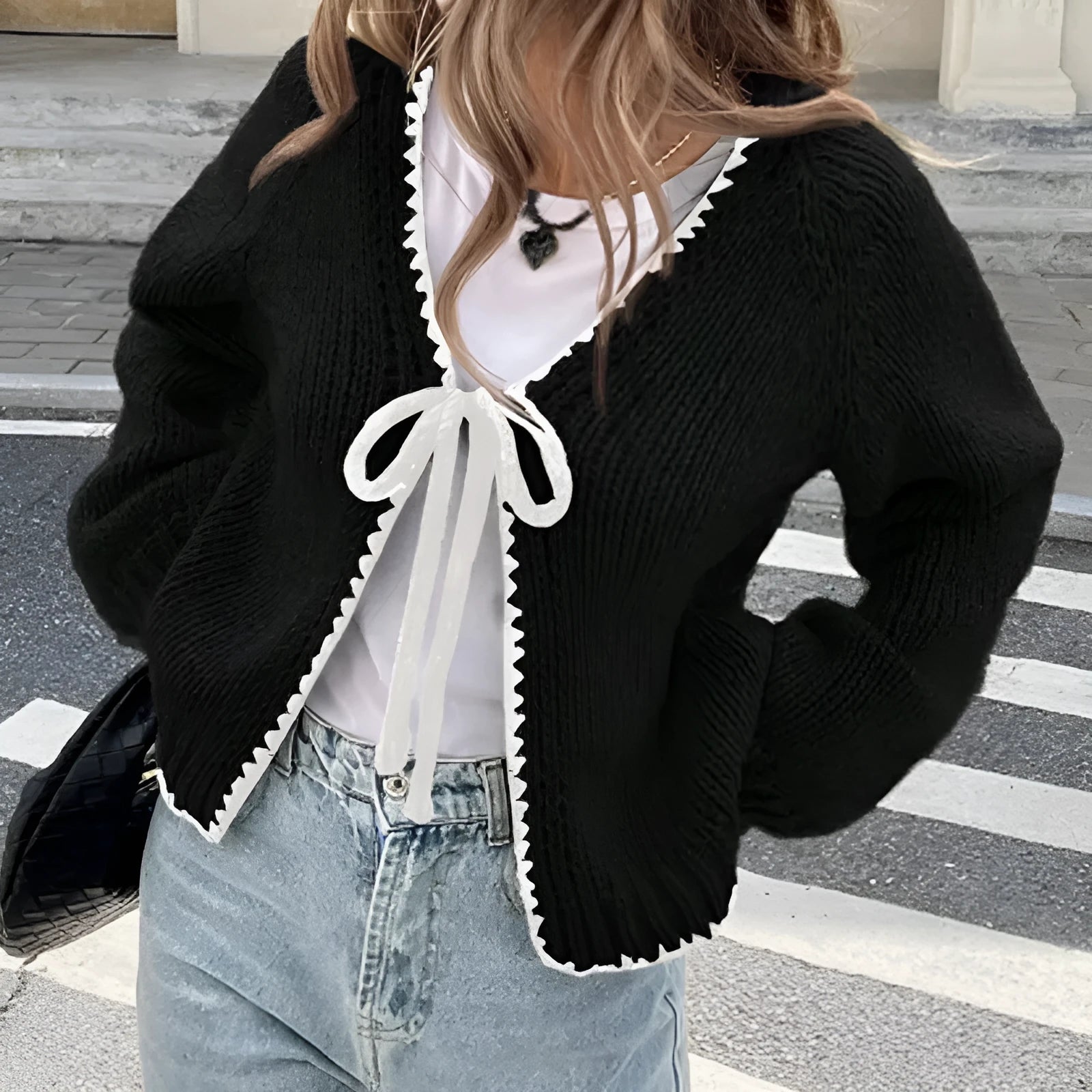 Women's solid colour lace-up cardigan with crocheted flowers, polyester knit, loose long sleeves
