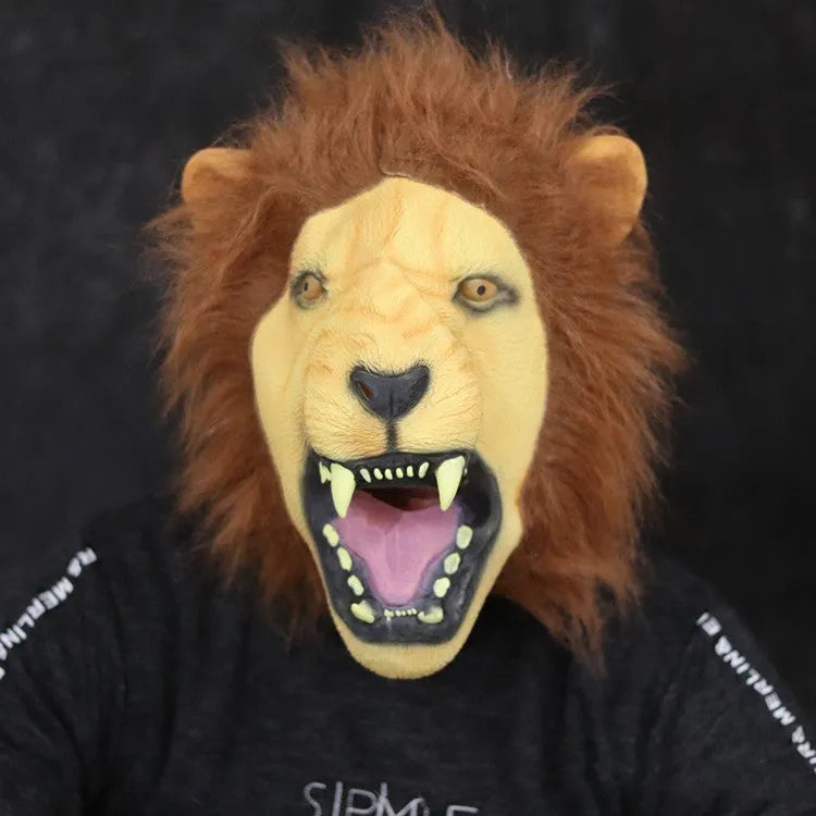 Hand-painted Halloween horror party latex lion mask with open mouth design on white background