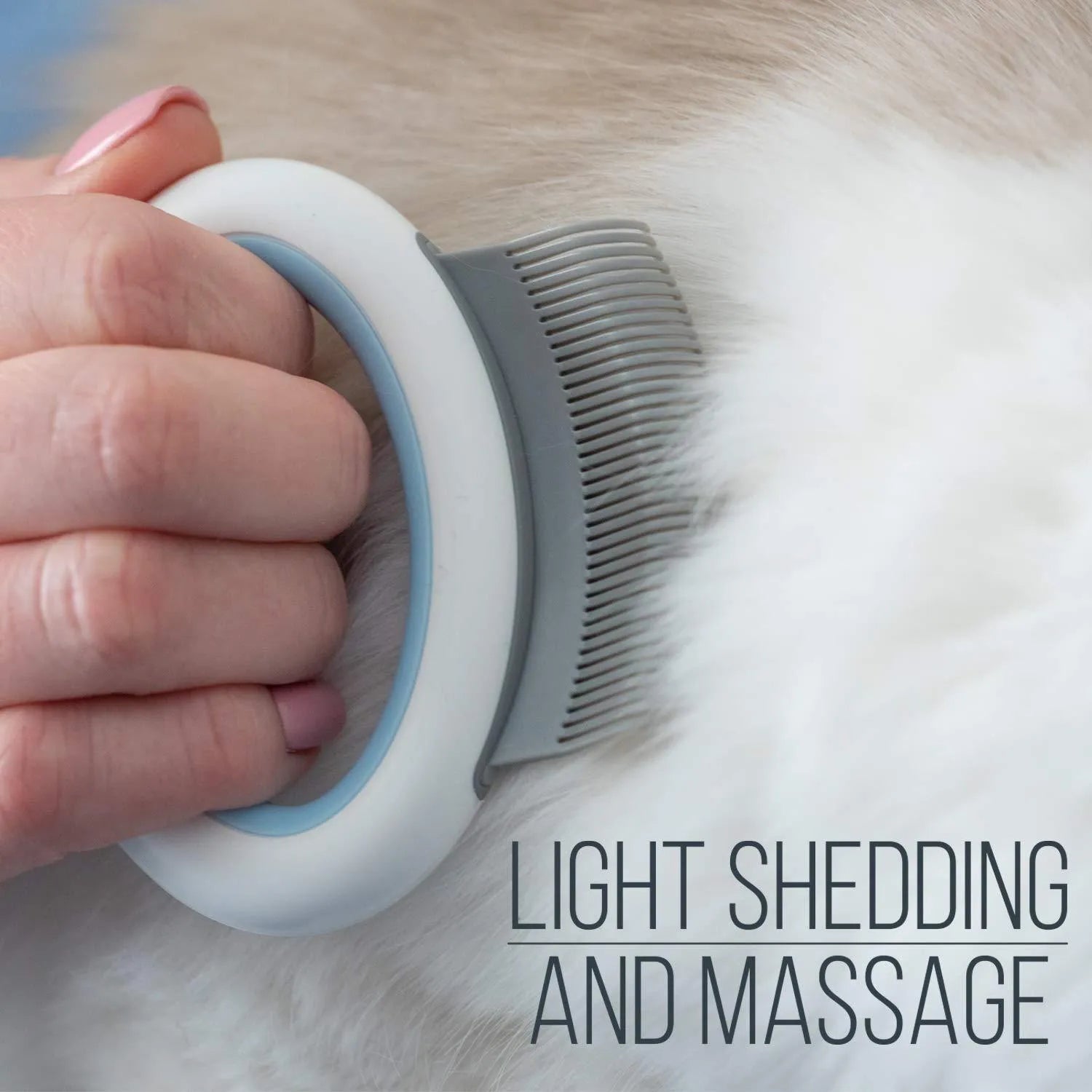 Blue pet deshedding comb with soft plastic teeth and an ergonomic handle on a white background.