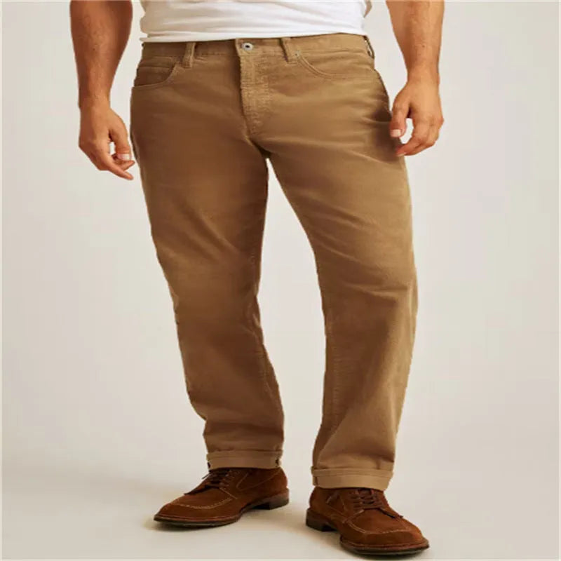 Corduroy straight-leg casual trousers in khaki colour showing mid-waist and zip-fly design.
