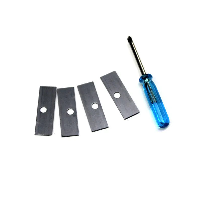 Geometric-shaped plastic pencil sharpener with four holes and an included screwdriver tool.