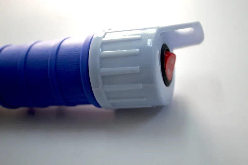 Blue manual siphon hand pump with a long hose for transferring fuel and liquids.