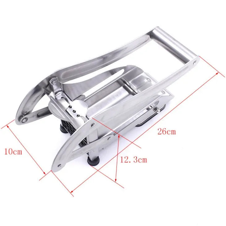 Potato cutter with two stainless steel blades and non-slip rubber foot on kitchen counter