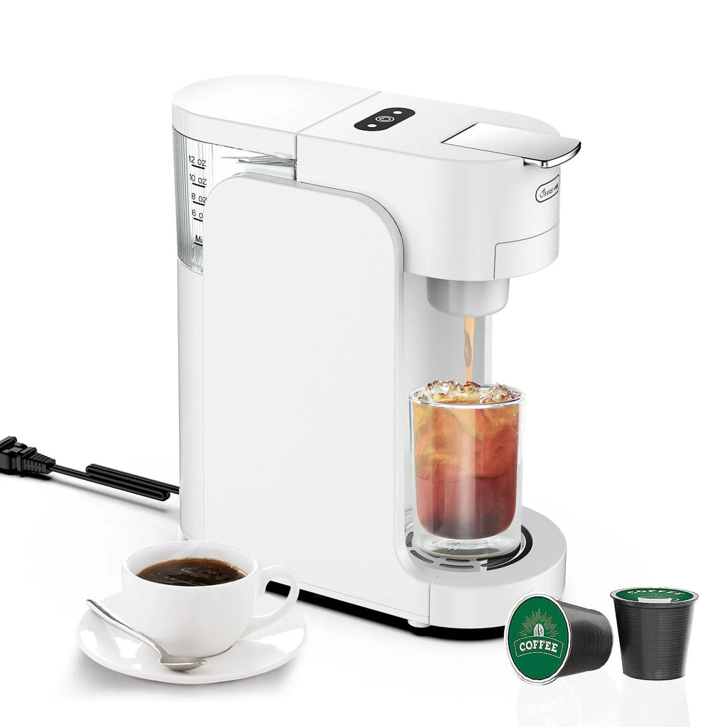 Mini capsule coffee machine with black ABS body, stainless steel tray, and transparent water tank on countertop